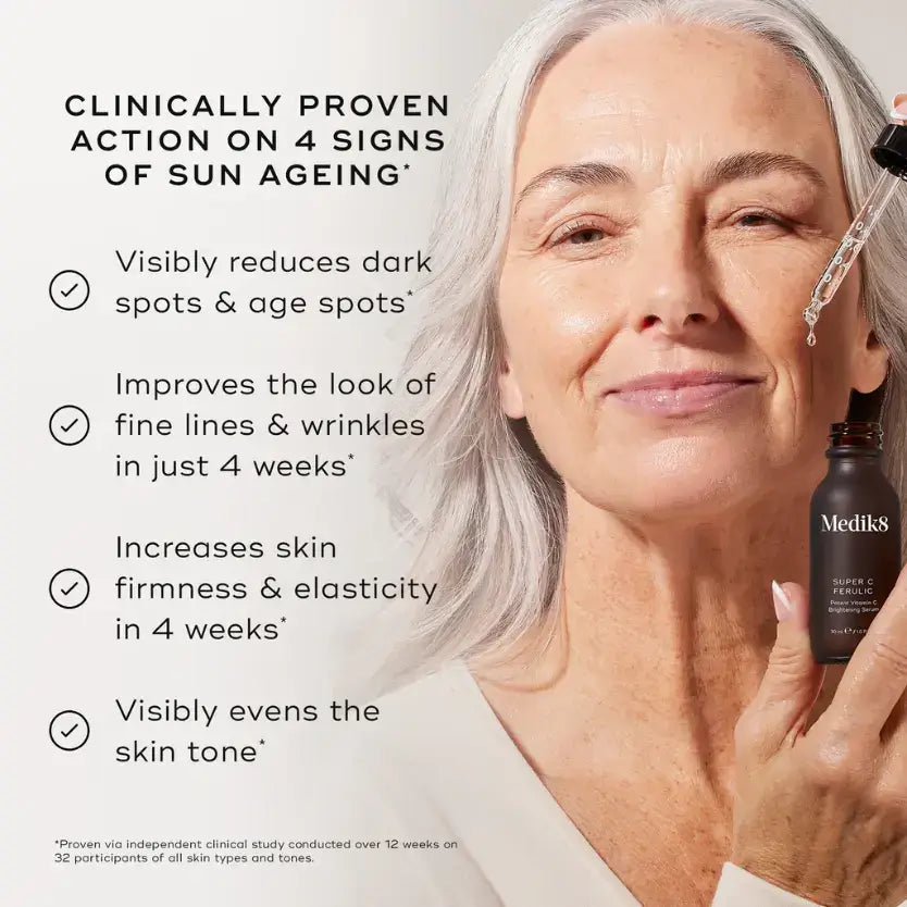 Medik8 Super C Ferulic™ serum in hand, showcasing benefits like reducing dark spots and improving skin texture.