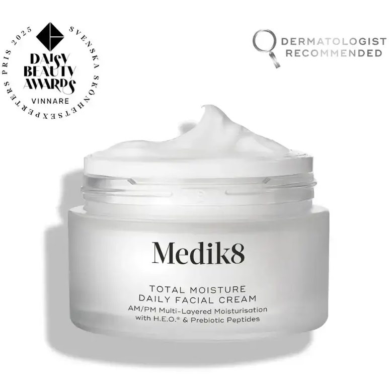 Medik8 Total Moisture Daily Facial Cream™ 50ml jar with creamy texture, dermatologist recommended for hydration and skin barrier support.