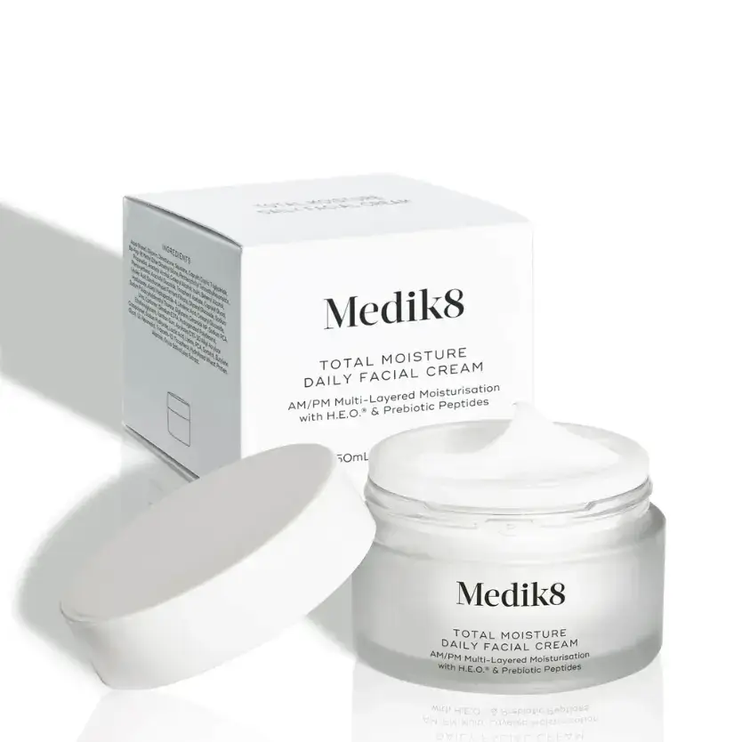Medik8 Total Moisture Daily Facial Cream™ 50ml jar with creamy texture, dermatologist recommended for hydration and skin barrier support.