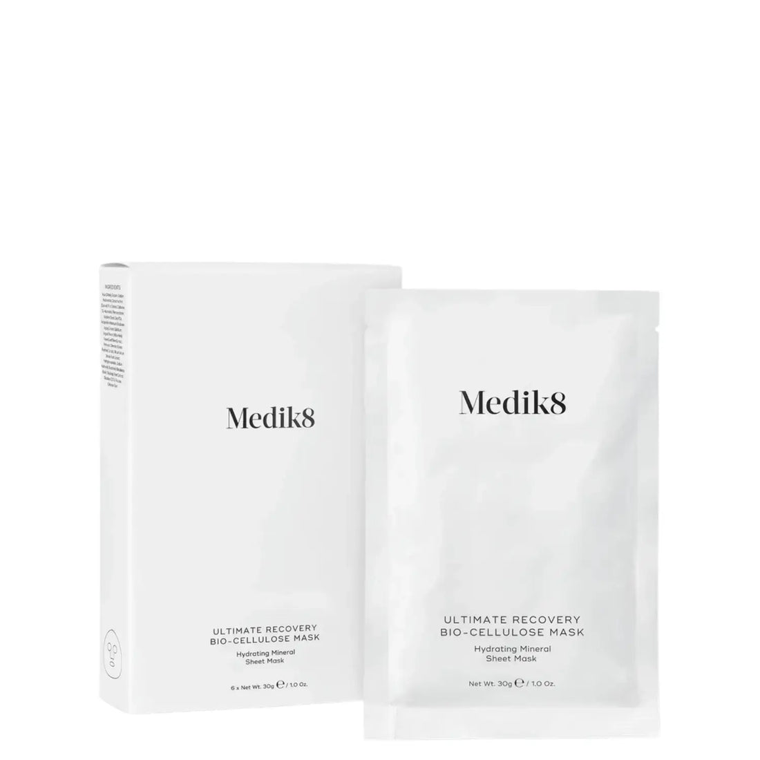 Medik8 Ultimate Recovery Bio-Cellulose Mask™ packaging and sheet mask design for hydrating skincare.