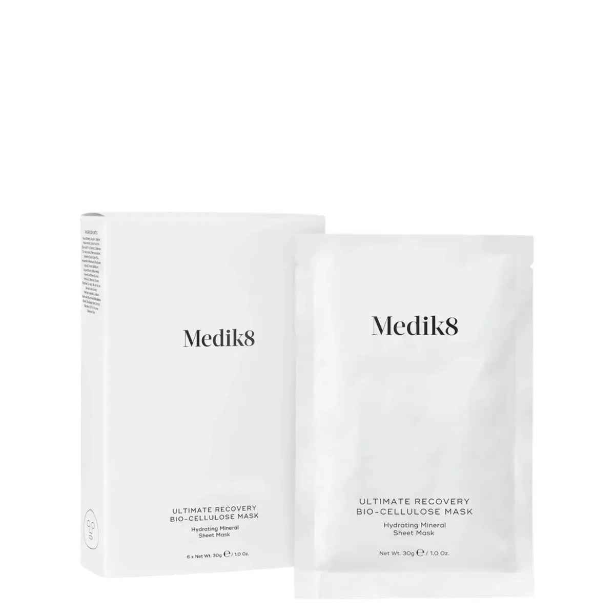 Medik8 Ultimate Recovery Bio-Cellulose Mask™ packaging and sheet mask design for hydrating skincare.