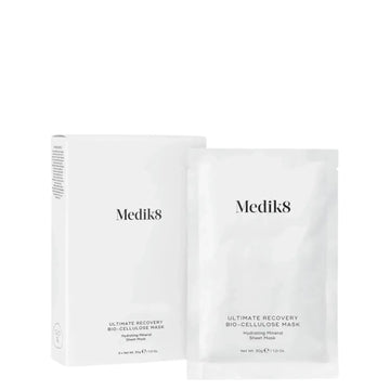 Medik8 Ultimate Recovery Bio-Cellulose Mask™ packaging and sheet mask design for hydrating skincare.
