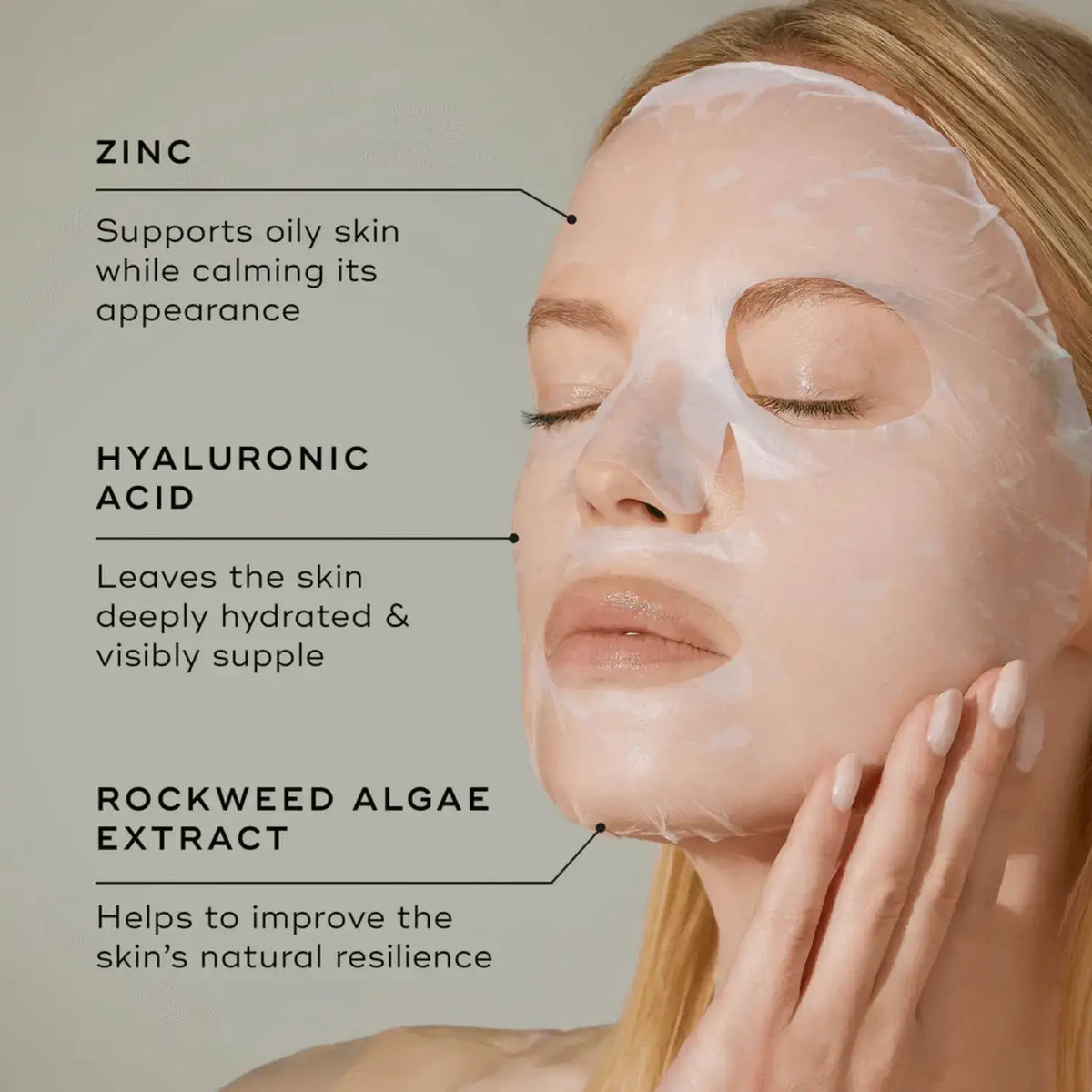 Medik8 Ultimate Recovery Bio-Cellulose Mask™ showcasing zinc, hyaluronic acid, and rockweed algae extract for skin hydration.