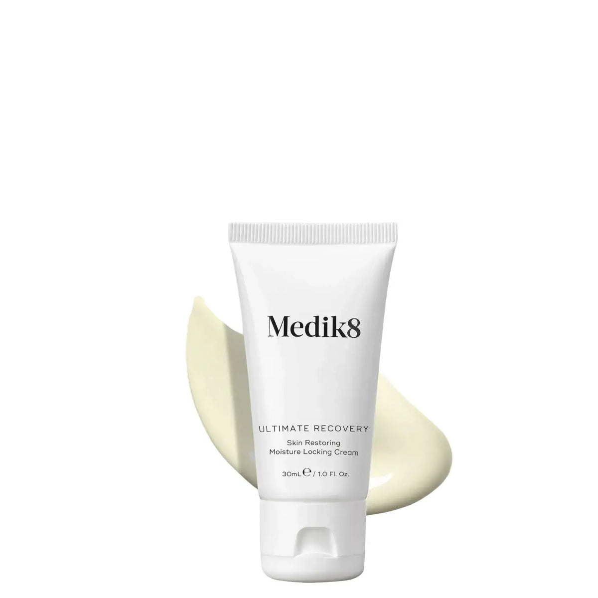 Medik8 Ultimate Recovery™ skin restoring moisture locking cream in a tube with a creamy texture.