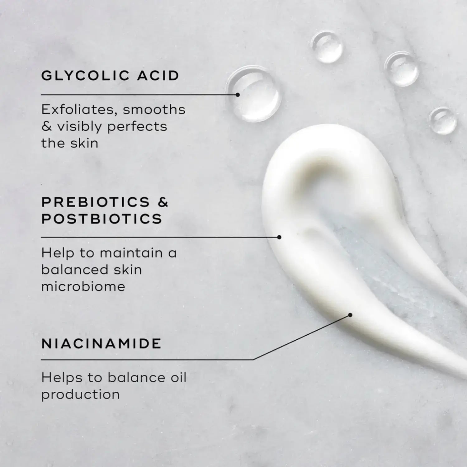 Medik8 Balance Moisturiser™ with Glycolic Acid Activator ingredients highlighting Glycolic Acid, Prebiotics & Postbiotics, and Niacinamide.