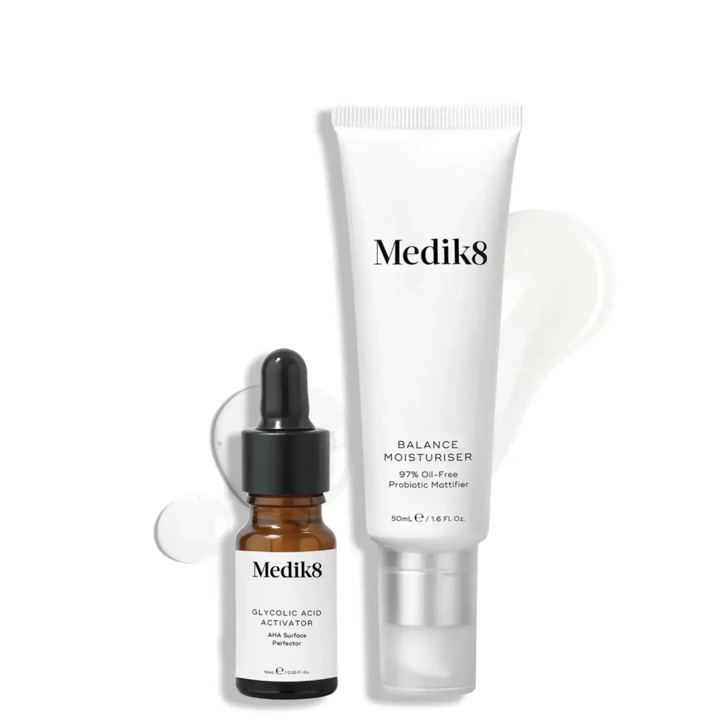 Medik8 Balance Moisturiser™ with Glycolic Acid Activator products featuring an oil-free formula and prebiotics.