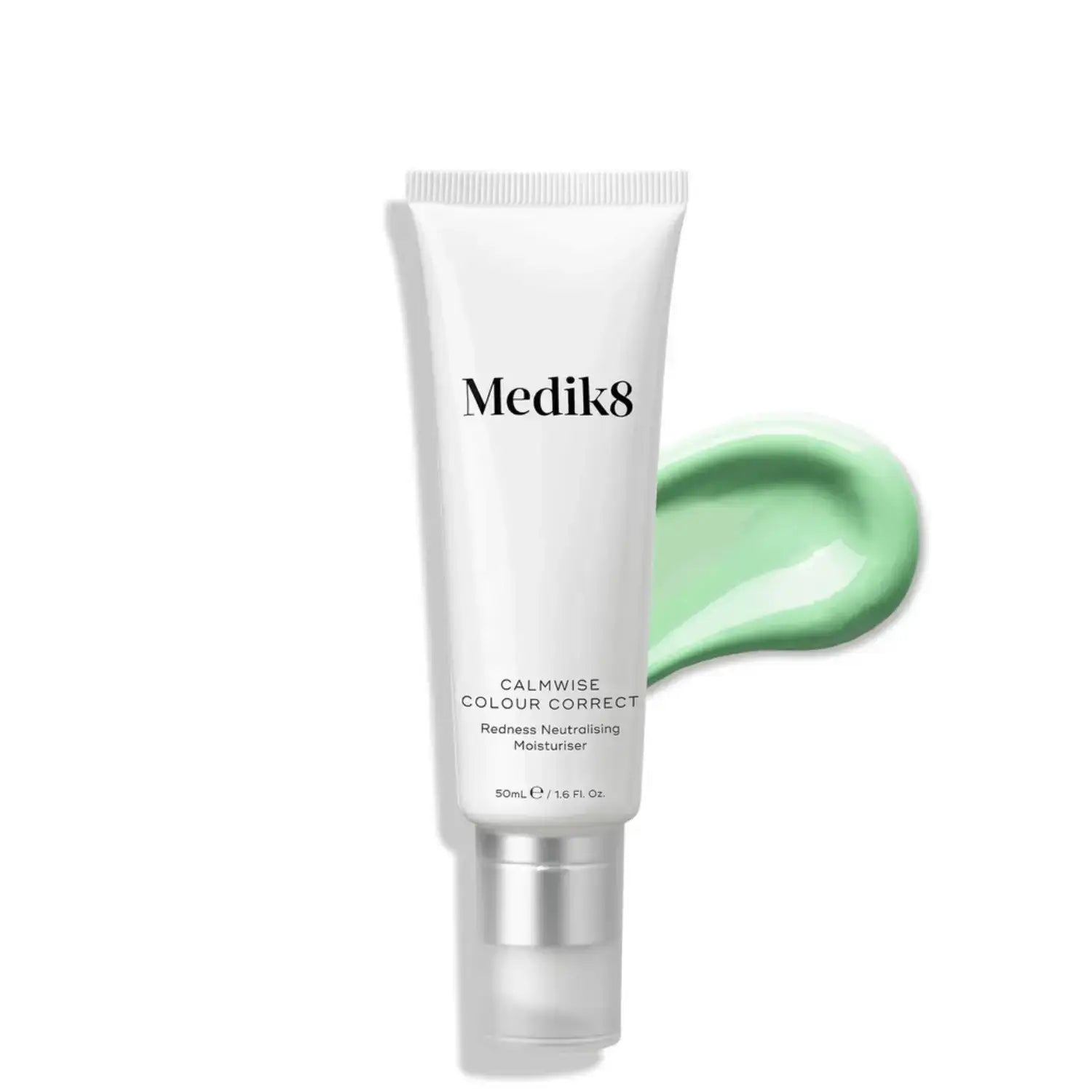 Medik8 Calmwise™ Colour Correct tube with green cream swatch, redness neutralizing moisturiser.