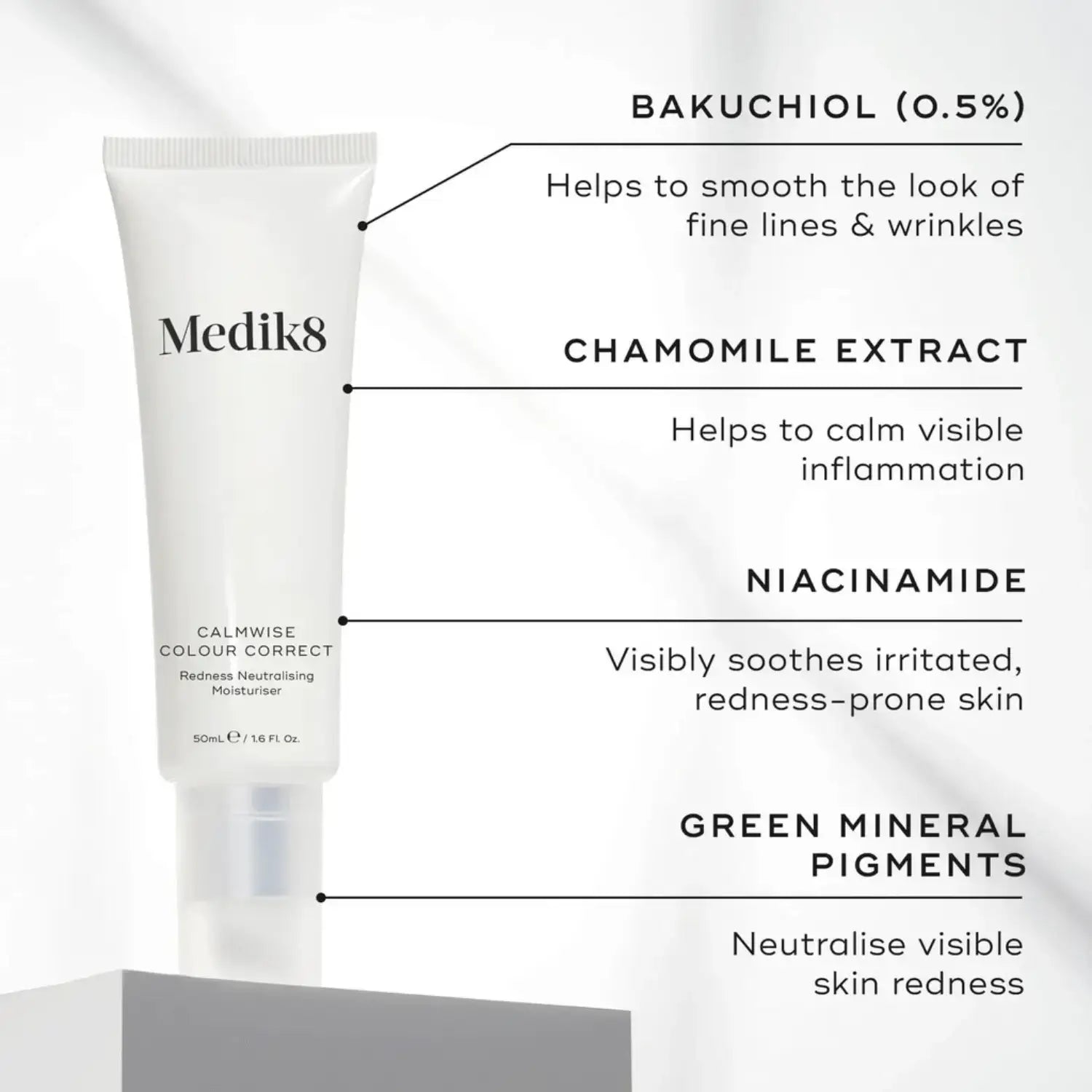 Medik8 Calmwise™ Colour Correct tube with Bakuchiol, Chamomile Extract, Niacinamide, and Green Mineral Pigments ingredients.