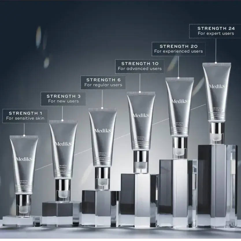 Medik8 Crystal Retinal™ skincare range displayed with various strengths for different skin types.