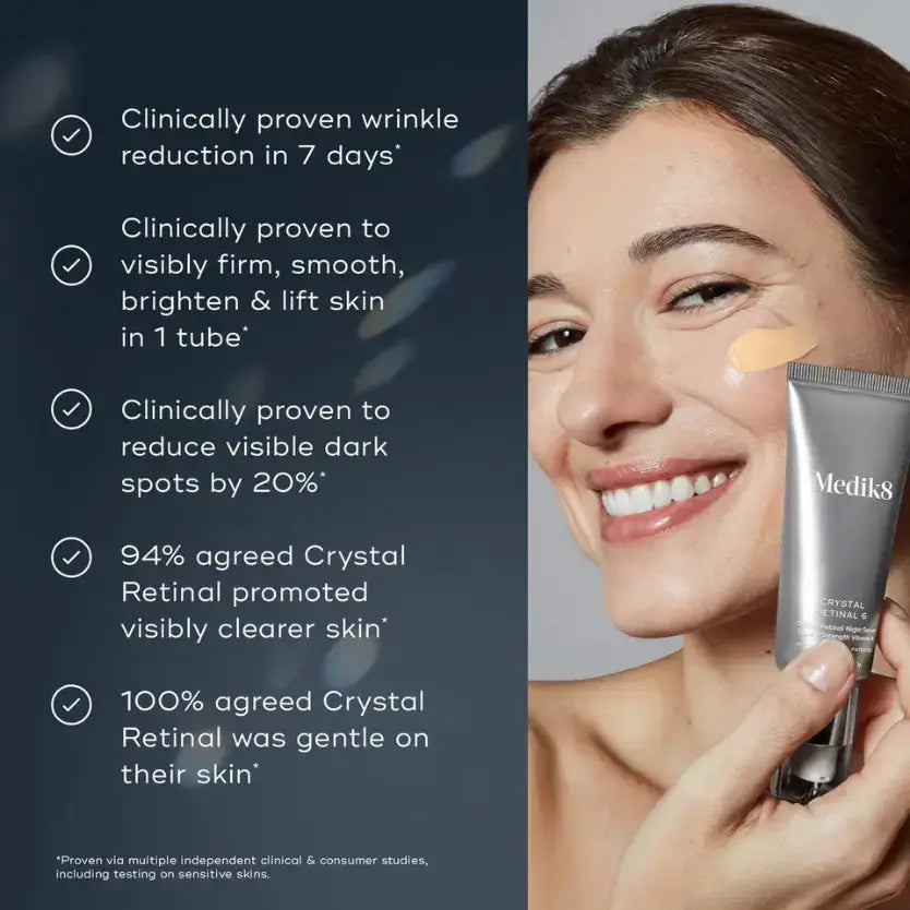 Medik8 Crystal Retinal ™ serum demonstrating anti-ageing results on a woman's skin with product benefits listed.
