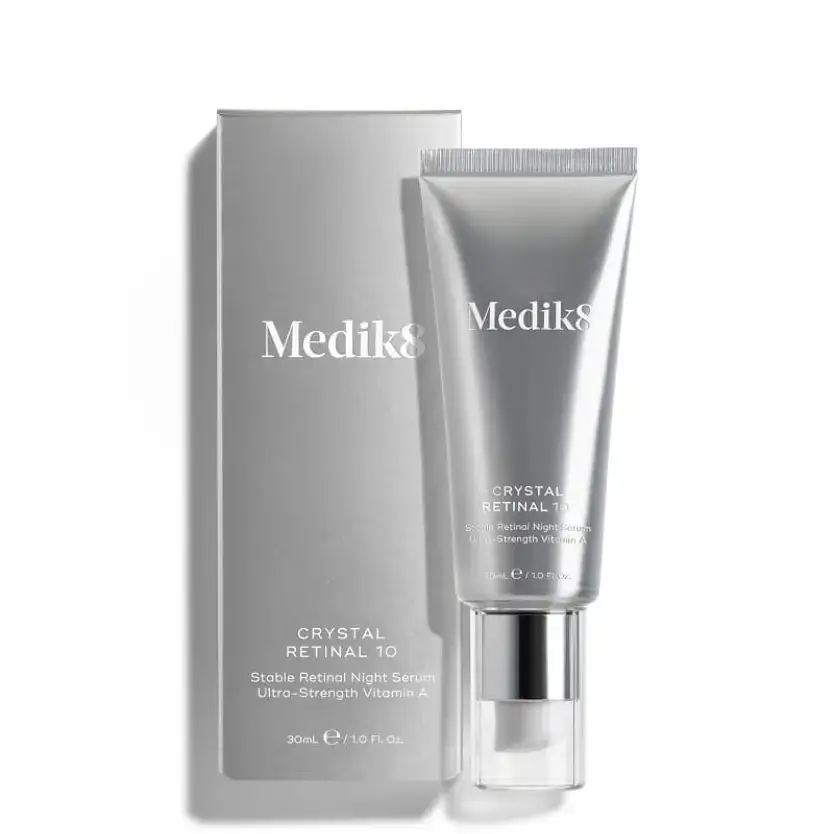 Medik8 Crystal Retinal 10™ serum with packaging, promoting advanced anti-ageing benefits and retinaldehyde strength.
