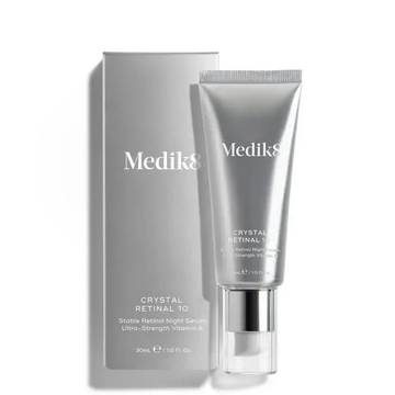 Medik8 Crystal Retinal 10™ serum with packaging, promoting advanced anti-ageing benefits and retinaldehyde strength.