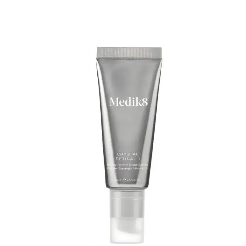 Medik8 Crystal Retinal 1™ tube packaging showcasing gentle age-defying retinaldehyde formula.
