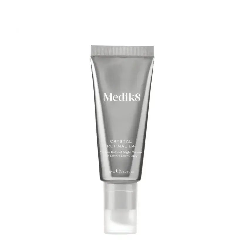 Medik8 Crystal Retinal 24™ serum in a sleek silver tube for maximum anti-ageing results.