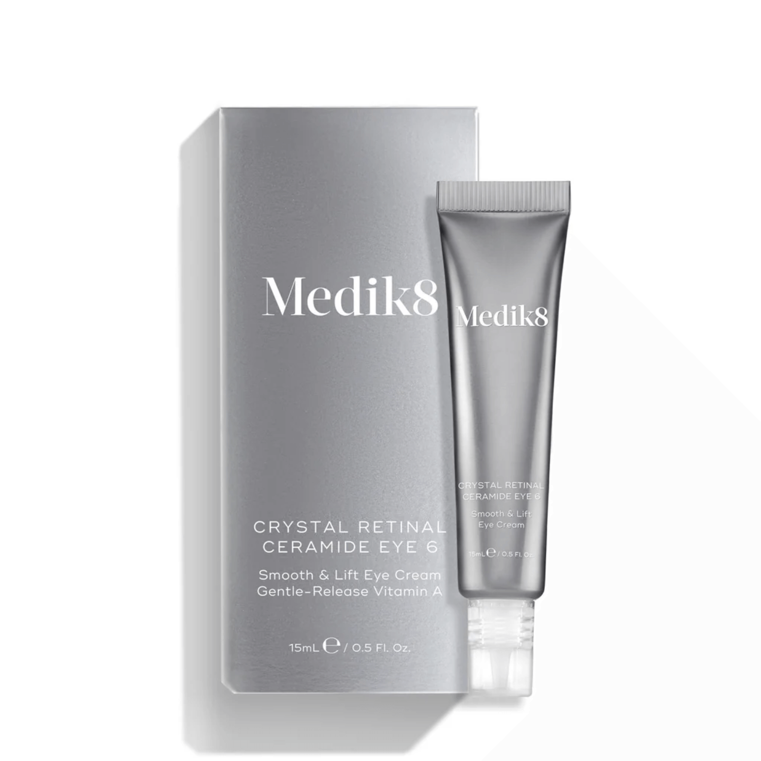 Medik8 Crystal Retinal Ceramide Eye packaging and tube, targeting fine lines and wrinkles around the eyes.