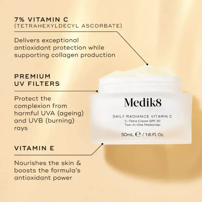 Medik8 Daily Radiance Vitamin C™ product image showcasing its benefits including 7% Vitamin C and SPF 30.