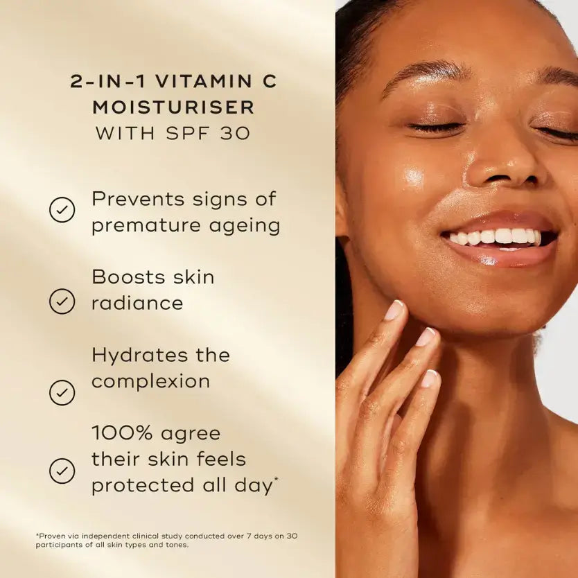 Medik8 Daily Radiance Vitamin C™ 2-in-1 moisturiser with SPF 30 provides hydration and skin protection.
