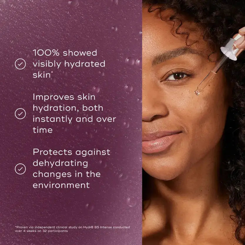Medik8 Hydr8 B5 Intense serum benefits showcasing hydration improvements and protection against environmental dehydration.