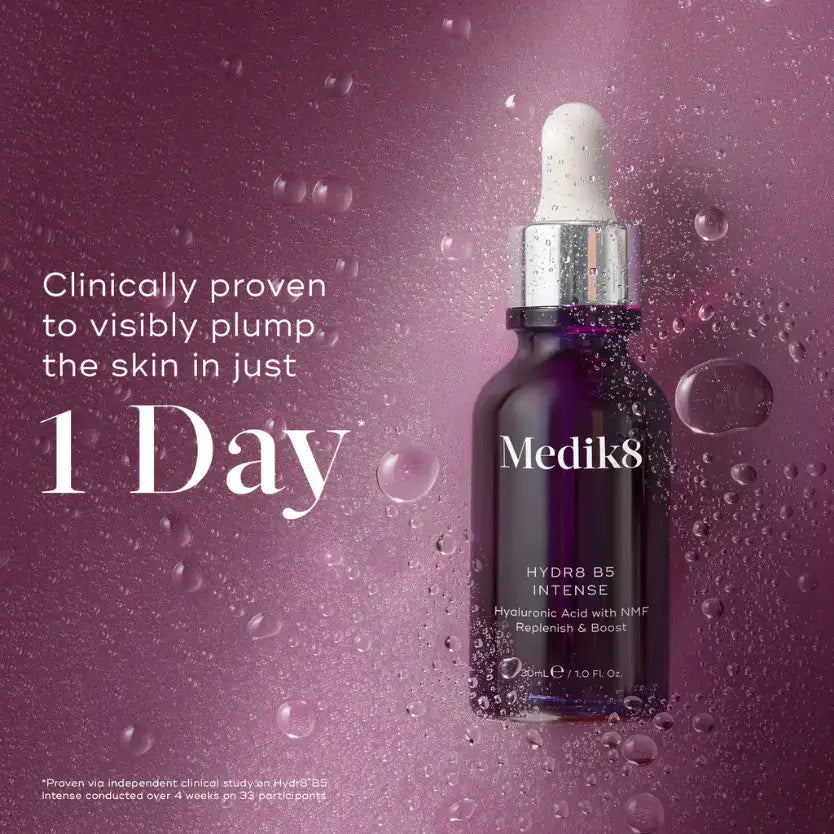 Medik8 Hydr8 B5 Intense serum with hyaluronic acid, clinically proven to plump skin in just 1 day.