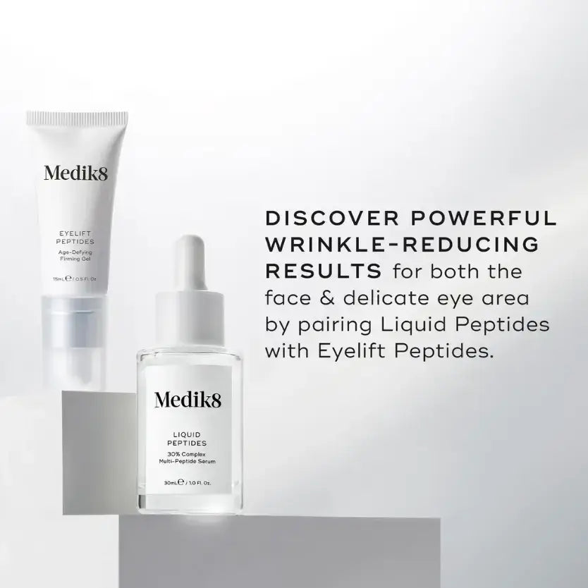 Medik8 Liquid Peptides™ 30% Complex Multi-Peptide Serum in a clear dropper bottle with sleek packaging.
