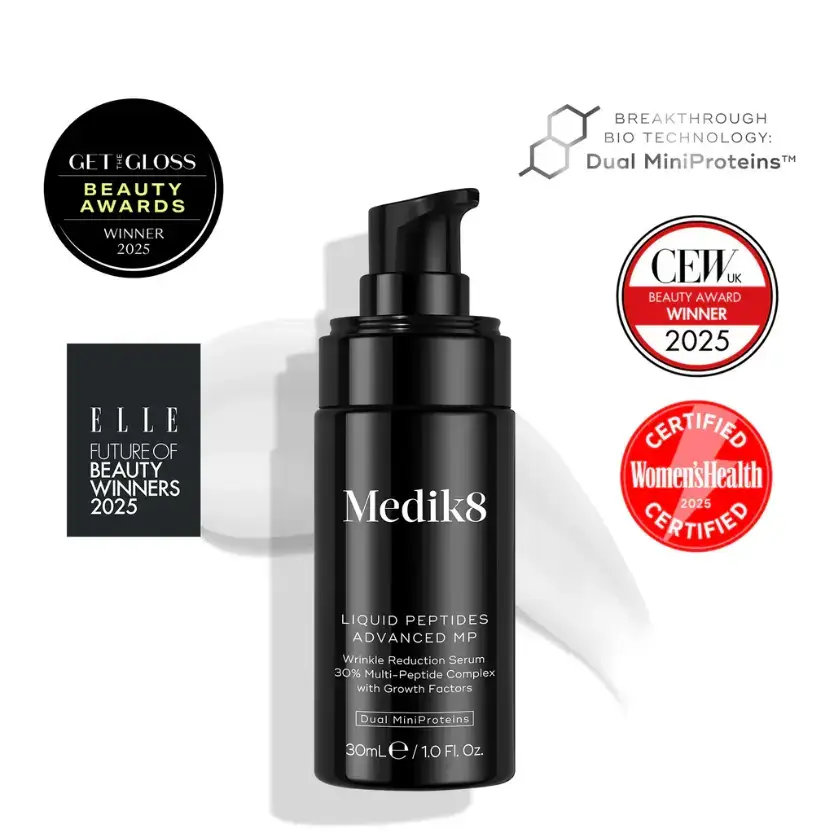Medik8 Liquid Peptides Advanced MP packaging and product bottle showcasing anti-wrinkle benefits.