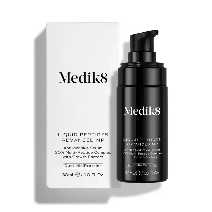 Medik8 Liquid Peptides Advanced MP packaging and product bottle showcasing anti-wrinkle benefits.