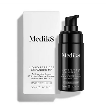 Medik8 Liquid Peptides Advanced MP packaging and product bottle showcasing anti-wrinkle benefits.