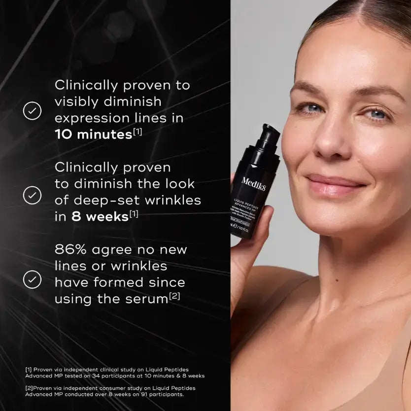 Medik8 Liquid Peptides Advanced MP shown with claims of reducing wrinkles and expression lines in clinical studies.
