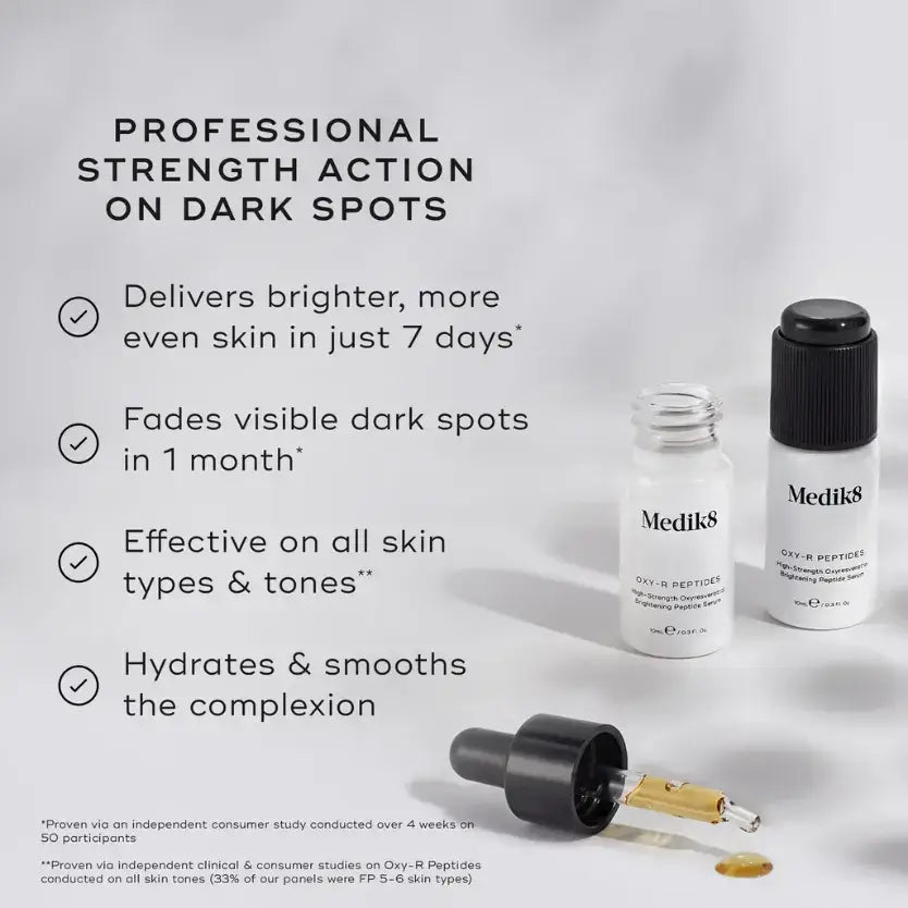 Medik8 Oxy-R Peptides product image showcasing professional strength action on dark spots and skin hydration.