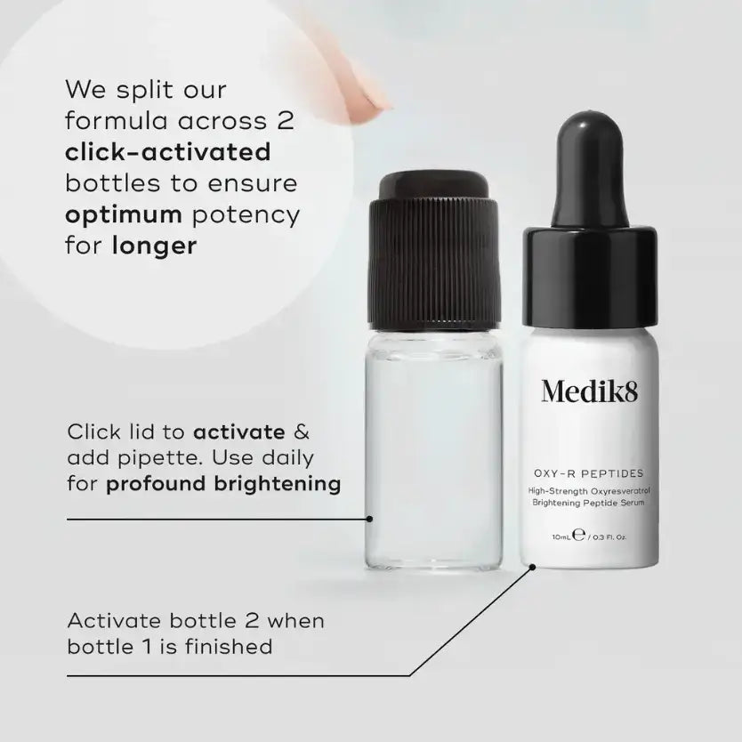 Medik8 Oxy-R Peptides duo pack with click-activated bottles for optimum potency and profound brightening.
