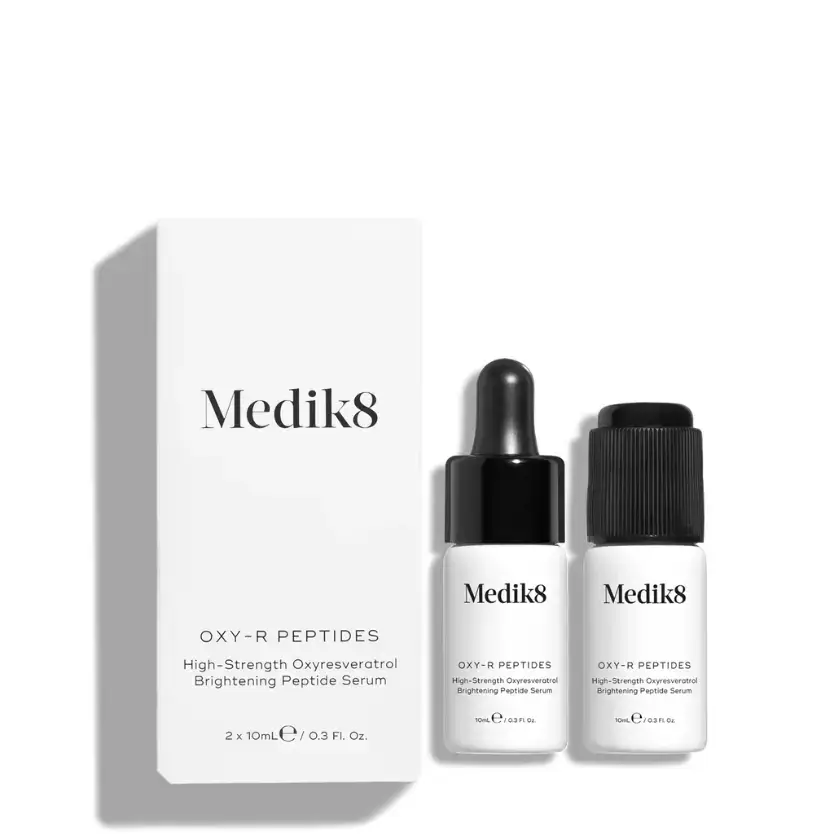 Medik8 Oxy-R Peptides high-strength brightening peptide serum with two dropper bottles.