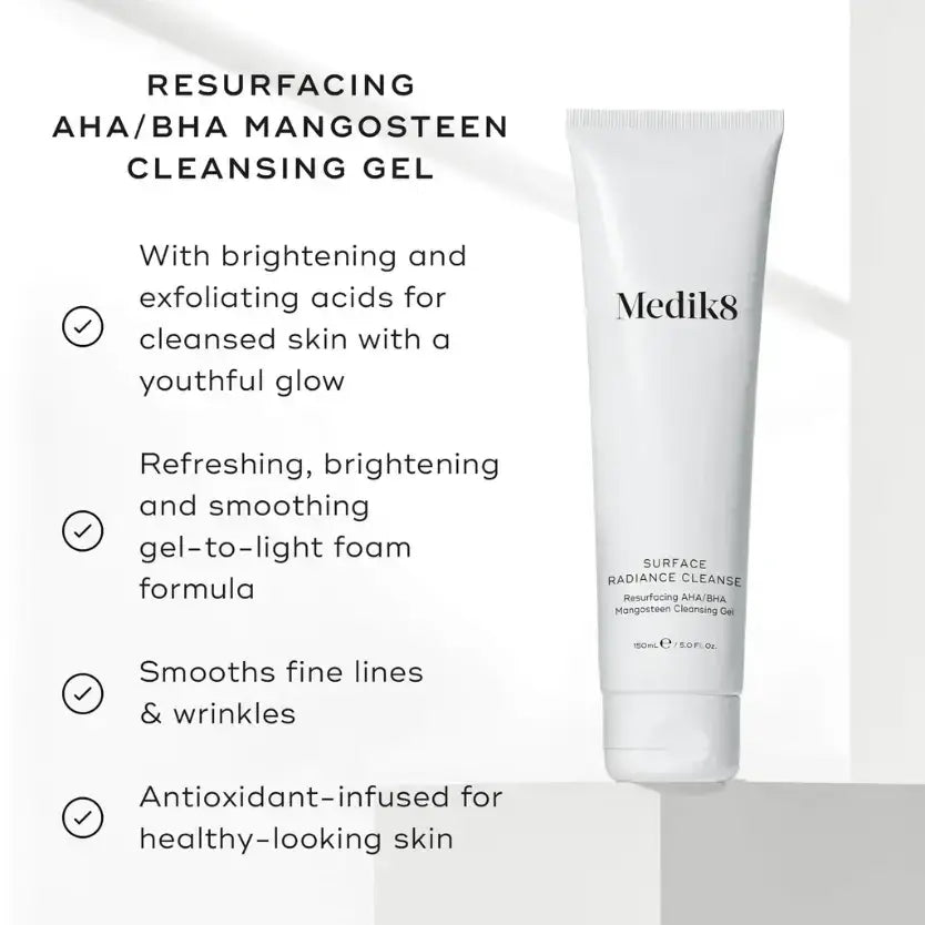 Medik8 Surface Radiance Cleanse™ exfoliating cleanser in a gel-to-foam texture for brightening and smoothing skin.