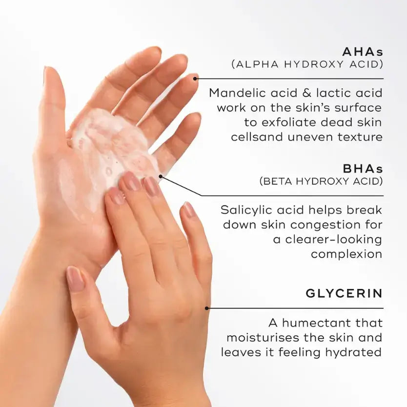 Medik8 Surface Radiance Cleanse™ showing exfoliating AHA/BHA ingredients for smoother, hydrated skin.
