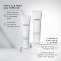 Medik8 Surface Radiance Cleanse™ and Pore Cleanse Gel Intense products with skin benefits shown.