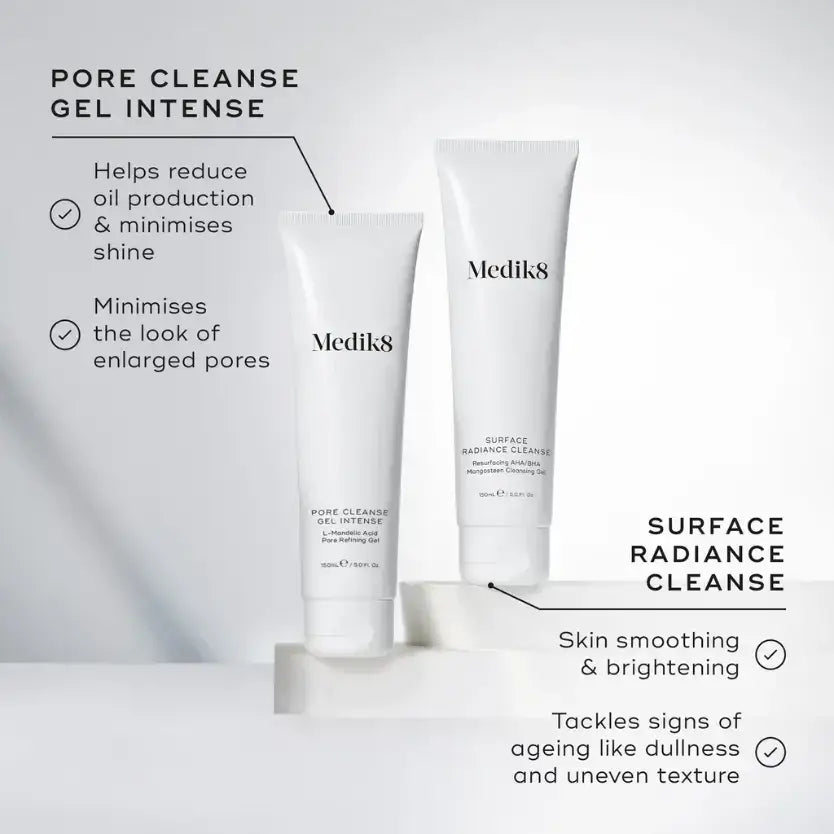 Medik8 Surface Radiance Cleanse™ and Pore Cleanse Gel Intense products with skin benefits shown.
