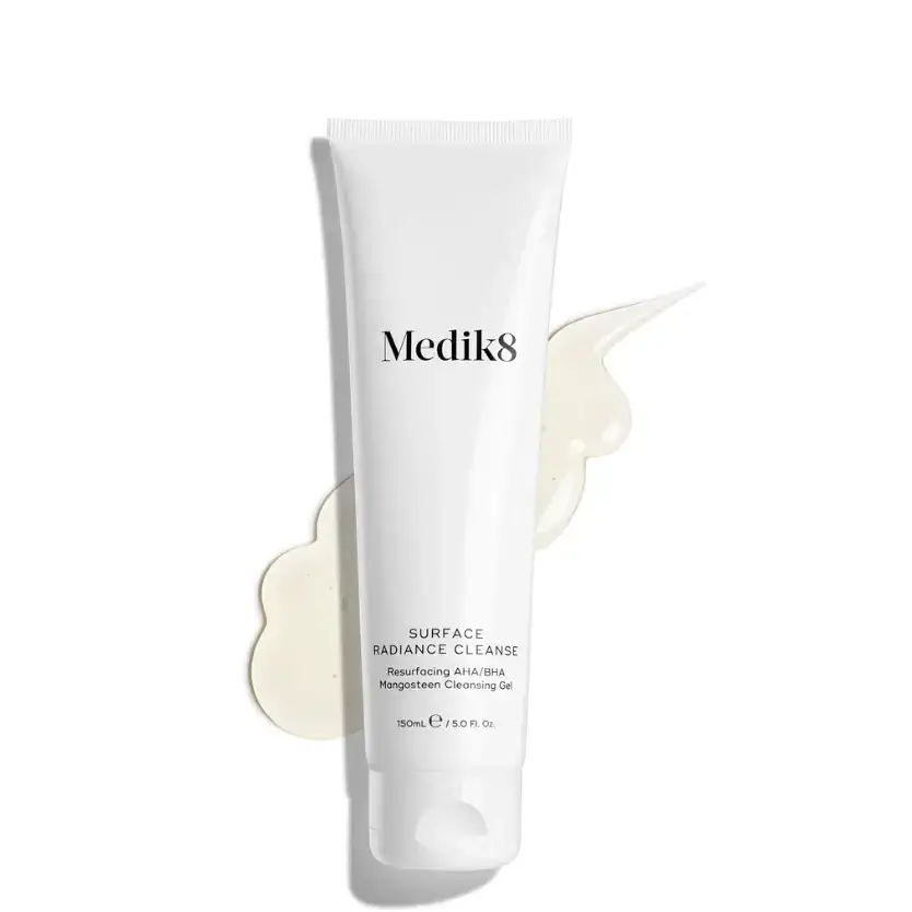 Medik8 Surface Radiance Cleanse™ tube with gel-to-foam texture and AHA/BHA exfoliating complex.
