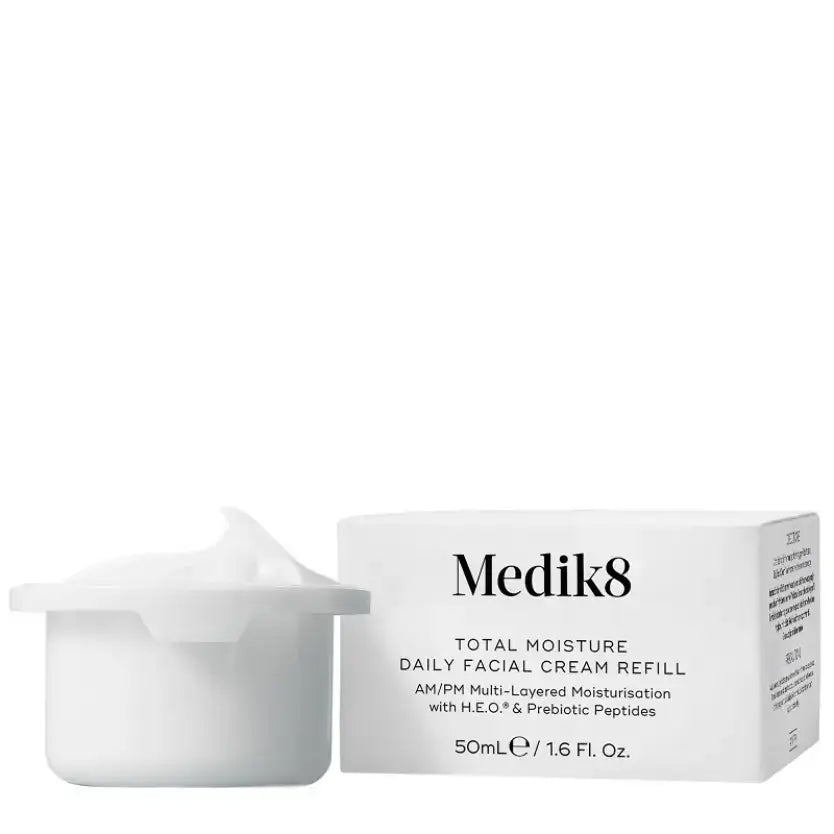 Medik8 Total Moisture Daily Facial Cream™ refill in a jar with packaging, offering multi-layered moisturisation.