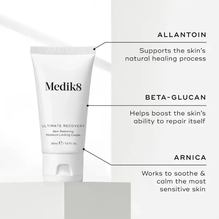 Medik8 Ultimate Recovery™ skin restoring moisture locking cream with Allantoin, Beta-Glucan, and Arnica for sensitive skin.