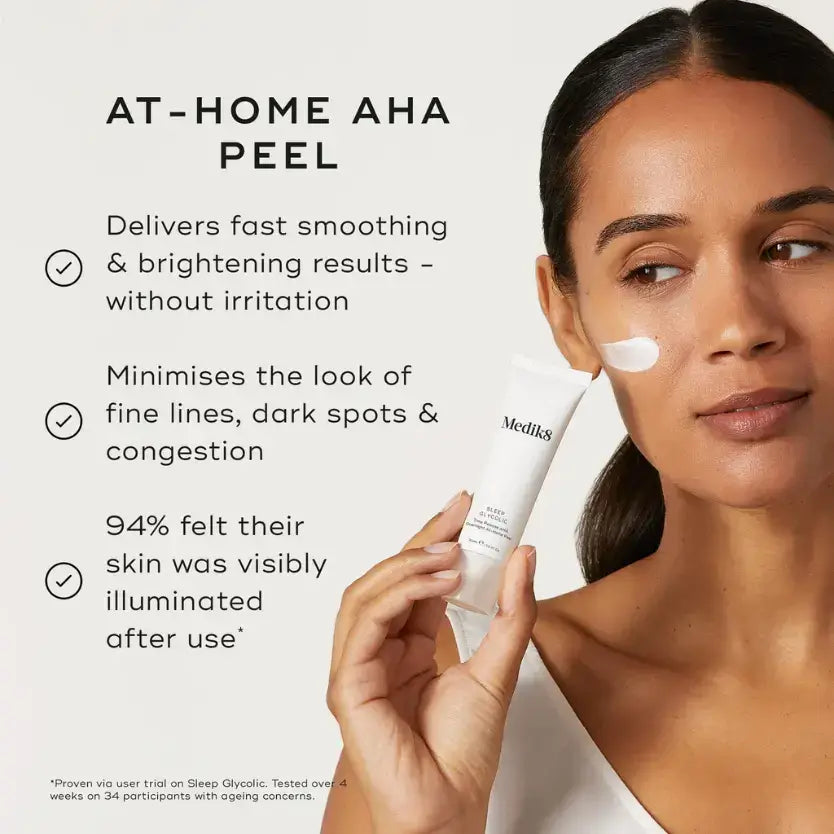 Medik8 Sleep Glycolic™ at-home AHA peel promoting skin smoothing and brightening results.