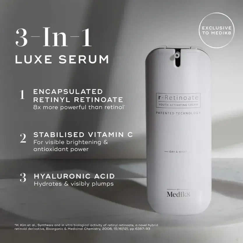 Medik8 r-Retinoate Day & Night Serum™ packaging showcasing 3-in-1 benefits for youthful skin.