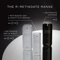 Medik8 r-Retinoate Day & Night Serum™ with r-Retinoate Day & Night Eye Serum and r-Retinoate Intense in a sleek display.