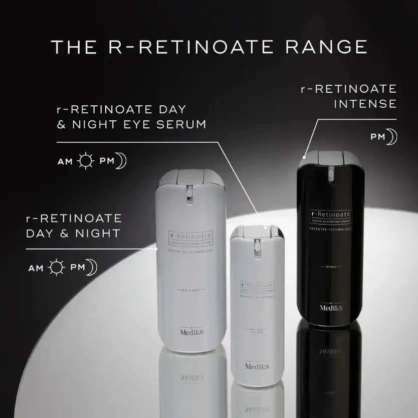 Medik8 r-Retinoate Day & Night Serum™ with r-Retinoate Day & Night Eye Serum and r-Retinoate Intense in a sleek display.