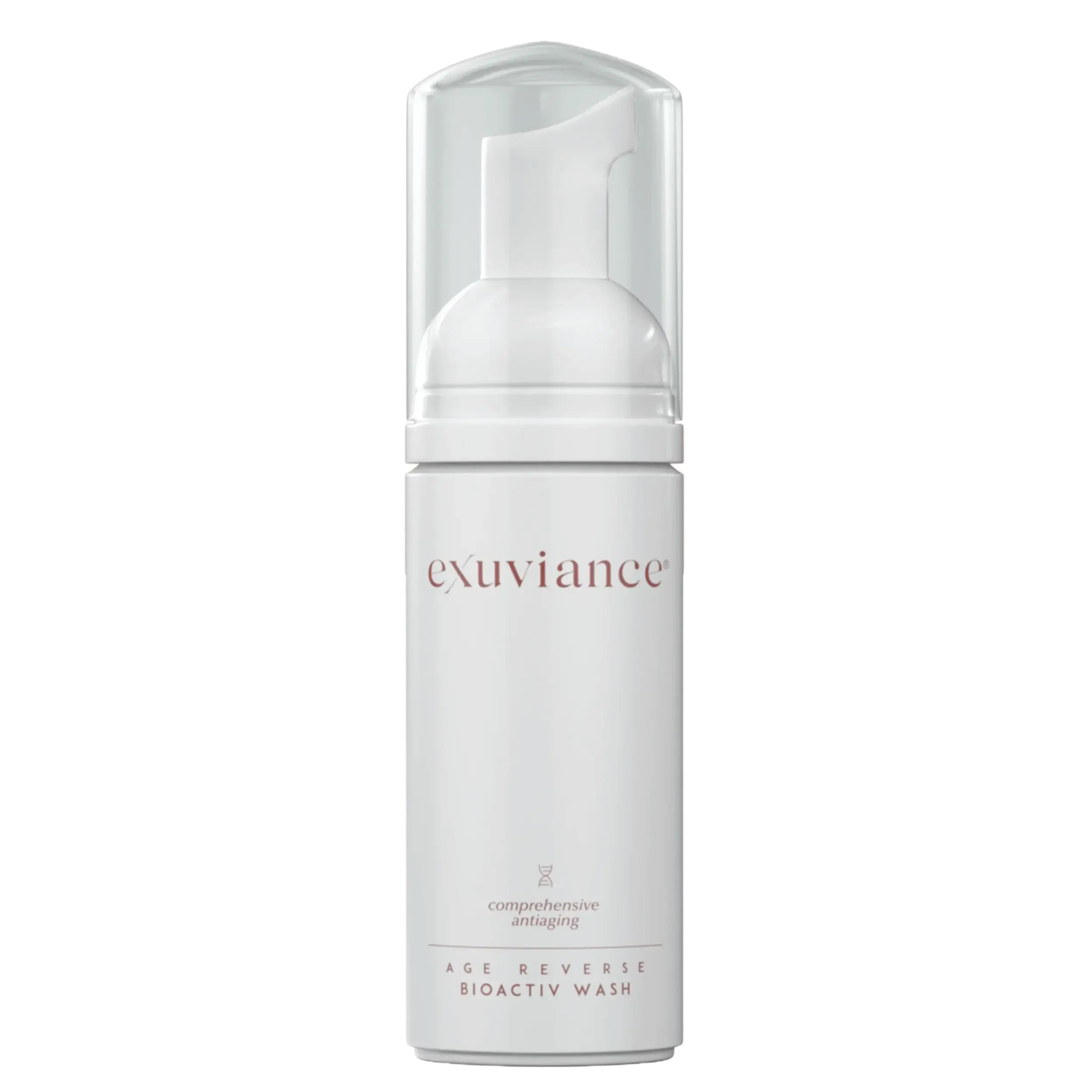 Exuviance AGE REVERSE BioActive Wash in a foaming dispenser for gentle cleansing and exfoliation.