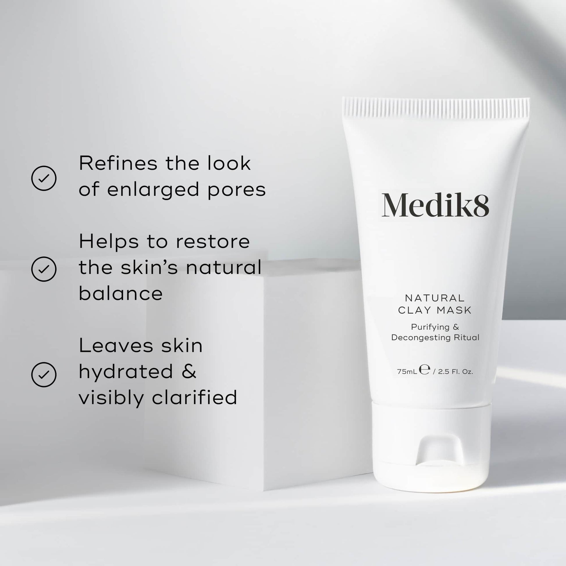Medik8 Natural Clay Mask in packaging, showcasing benefits like refined pores and skin hydration.