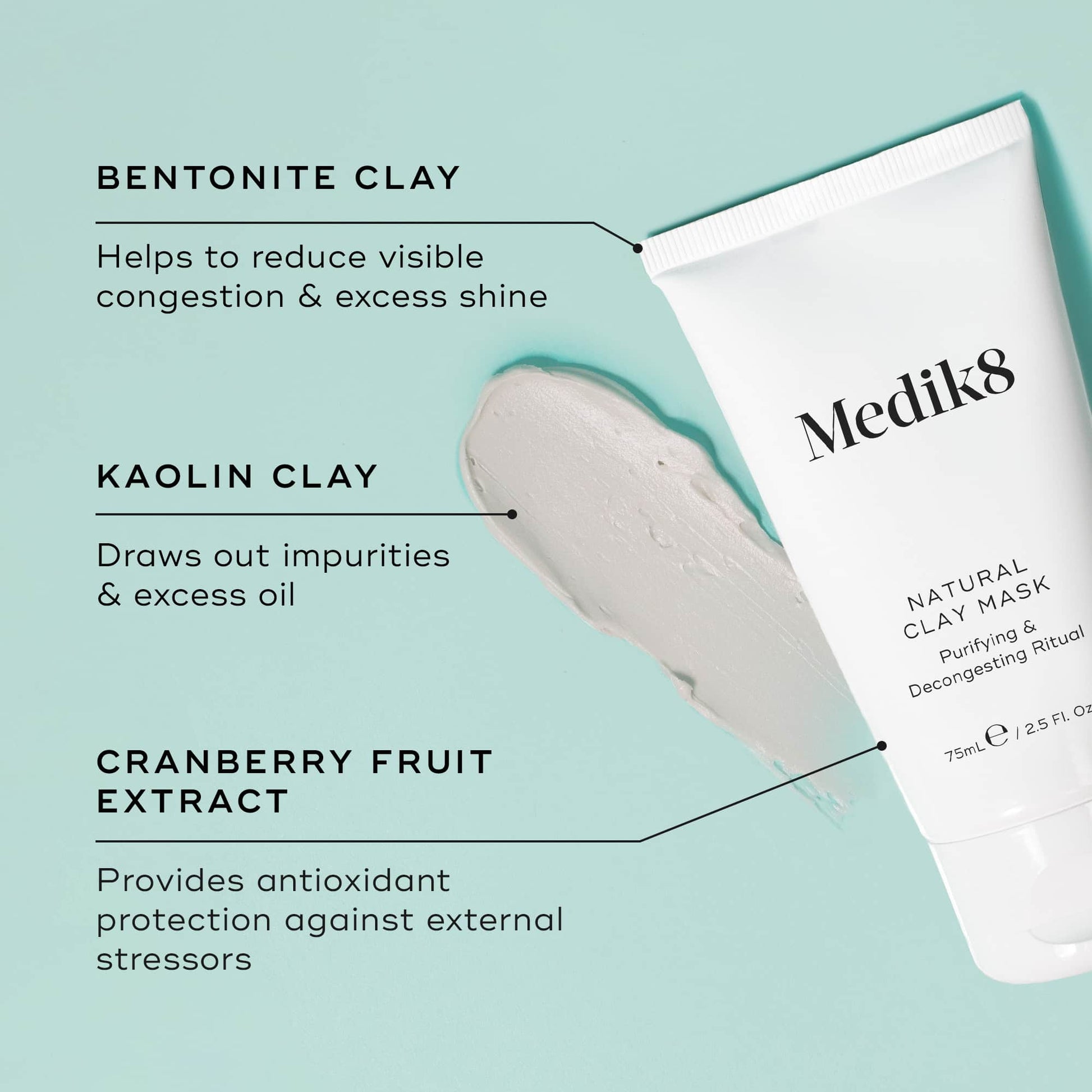 Medik8 Natural Clay Mask with bentonite and kaolin clays for refined pores and balanced skin.