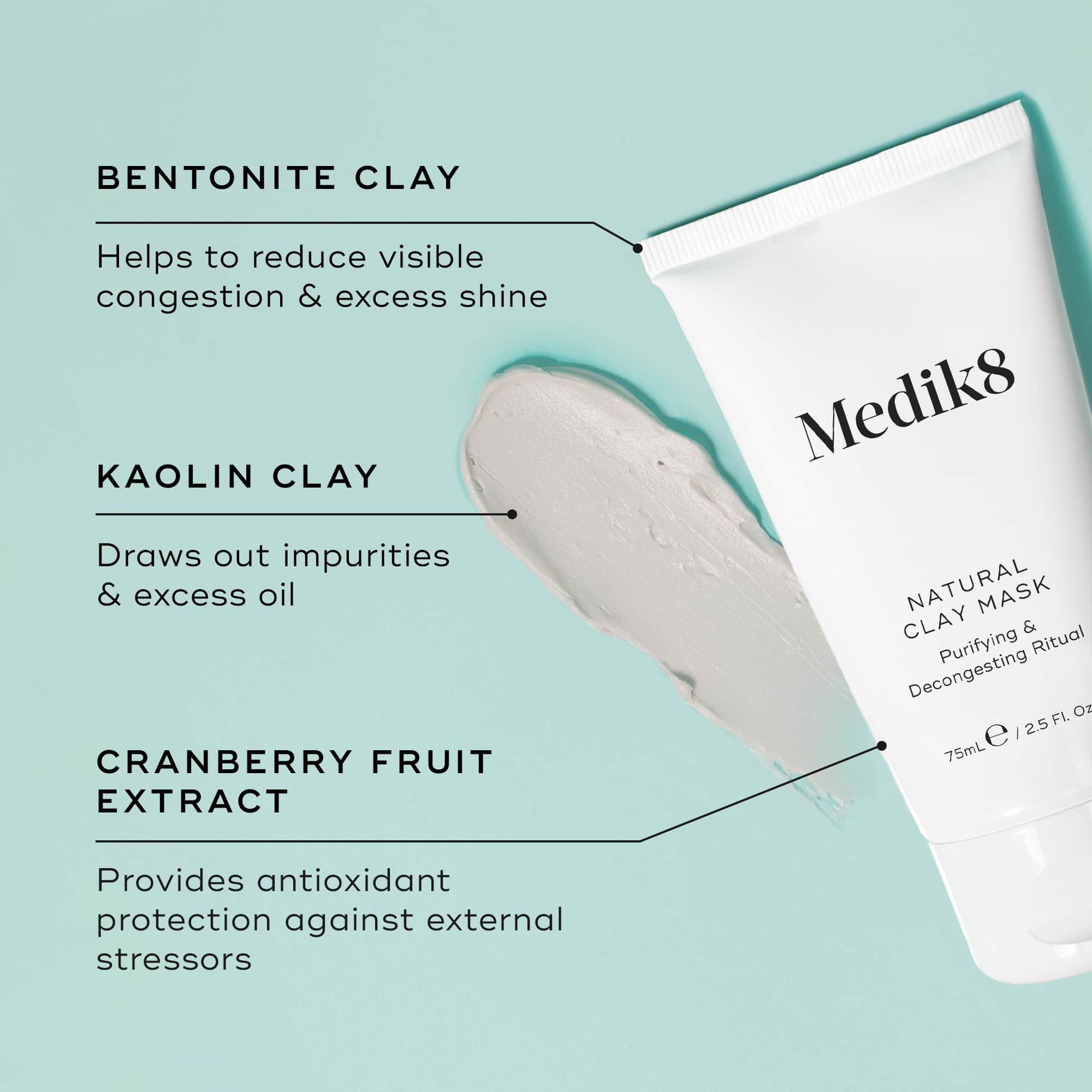 Medik8 Natural Clay Mask with bentonite and kaolin clays for refined pores and balanced skin.