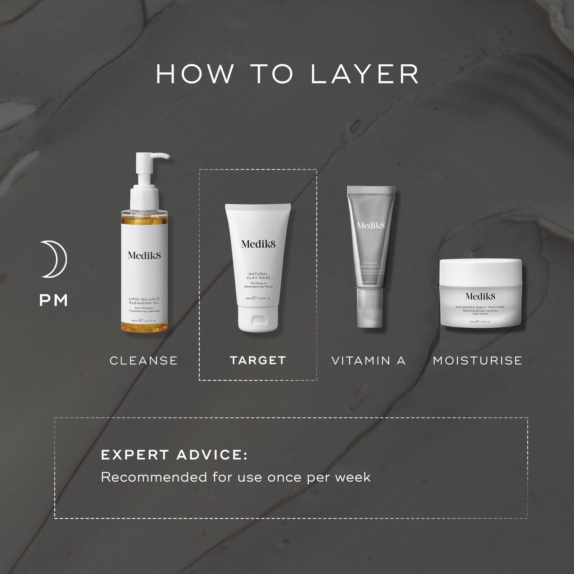 Medik8 Natural Clay Mask layering guide with cleansing and moisturising products for nighttime use.