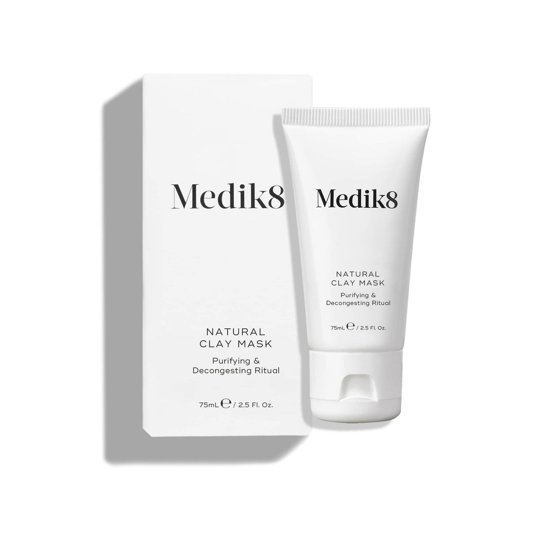 Medik8 Natural Clay Mask tube for purifying and decongesting skin in a sleek design.
