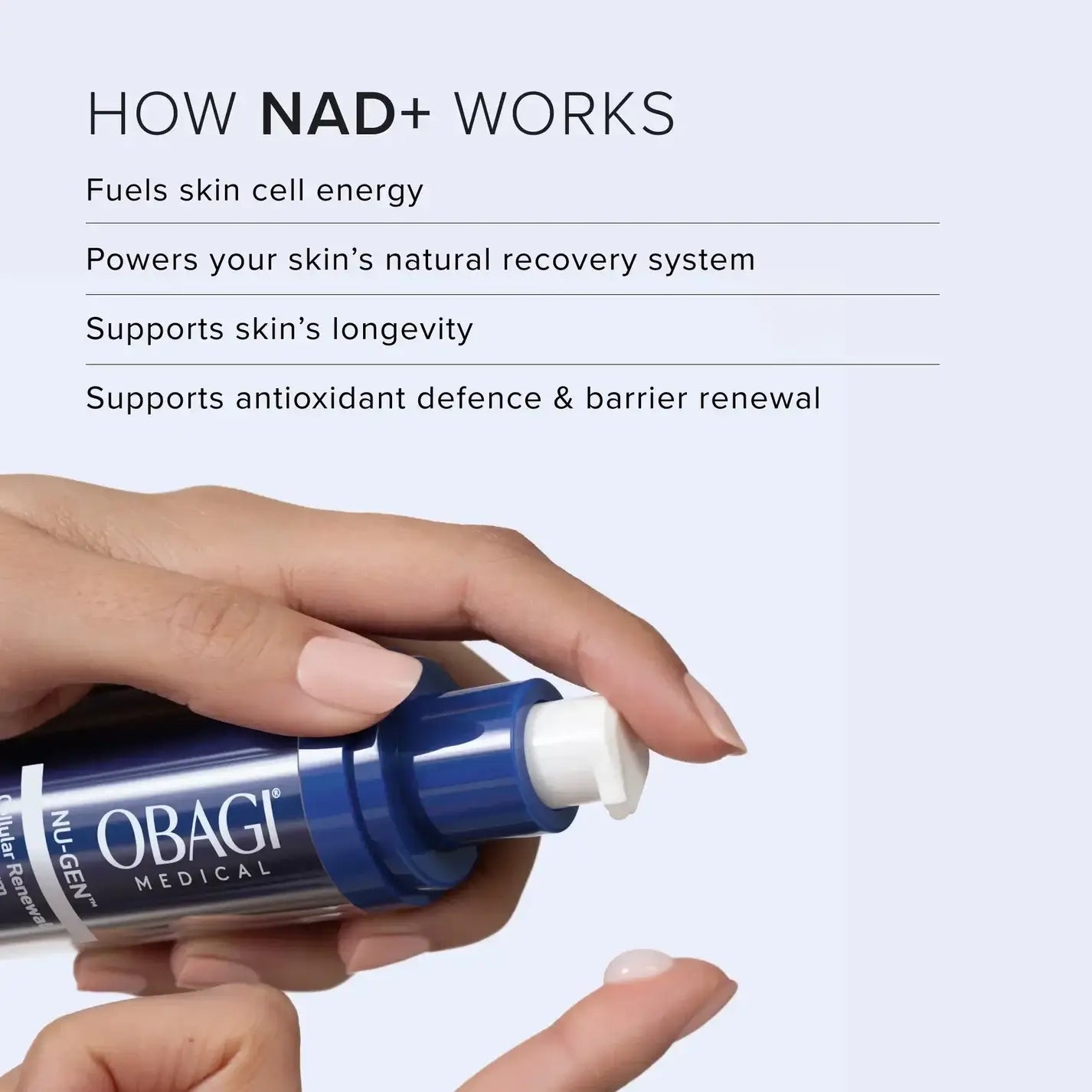 Obagi Nu-Gen Cellular Renewal Serum showing how NAD+ works for skin cell energy and longevity.