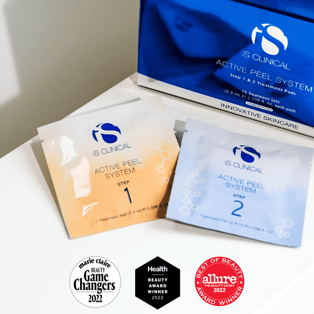 iS Clinical Active Peel System packaging with Step 1 and Step 2 treatment pads for at-home exfoliation.
